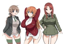 Rule 34 | 3girls, ahoge, blue eyes, blush, braid, braided ponytail, breasts, brown hair, charlotte e. yeager, grin, highres, jacket, large breasts, long hair, looking at viewer, lynette bishop, military, military uniform, minna-dietlinde wilcke, multiple girls, no pants, open mouth, orange hair, ponytail, red eyes, red hair, red jacket, simple background, smile, strike witches, striped clothes, striped thighhighs, thighhighs, uniform, white background, world witches series, yohijikon