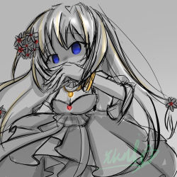 Rule 34 | 1girl, altea aquila (jain no ikenie), artist request, bad id, bad pixiv id, blue eyes, breasts, empty eyes, flower, hair flower, hair ornament, hand on mouth, jain no ikenie, long hair, partially colored, signature, solo