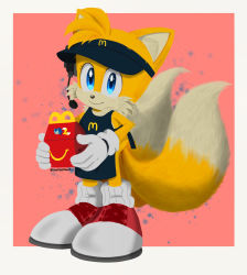 Rule 34 | 1boy, animal ears, animal nose, blue eyes, box, commentary, container, employee uniform, english commentary, fast food, fast food uniform, fox boy, fox ears, fox tail, furry, furry male, gloves, happy meal, highres, looking at viewer, male focus, mcdonald&#039;s, mintokitsune, multiple tails, pink background, red footwear, shoes, smile, sneakers, sonic (live action), sonic (series), sonic the hedgehog 2 (film), tail, tails (sonic), two tails, uniform, white gloves
