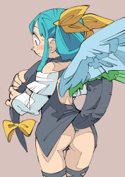 Rule 34 | 1girl, angel wings, ass, asymmetrical wings, back, blue hair, closed mouth, detached sleeves, dizzy (guilty gear), from behind, guilty gear, guilty gear x, guilty gear xx, hair ribbon, hounori, long hair, monster girl, ribbon, simple background, solo, tail, tail ornament, tail ribbon, twintails, wings