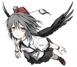 1girl absurdres black_hair black_ribbon black_skirt black_socks black_wings breasts brown_eyes collared_shirt commentary floating_hair flying full_body geta hair_between_eyes hat highres looking_at_viewer medium_hair neck_ribbon parted_lips pom_pom_(clothes) puffy_short_sleeves puffy_sleeves red_footwear red_hat ribbon shameimaru_aya shimoda_masaya shirt short_sleeves simple_background skirt small_breasts socks solo tengu-geta tokin_hat touhou white_background white_shirt wings