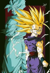 Rule 34 | 2boys, age difference, amputee, arms at sides, backlighting, blonde hair, clenched hands, dark background, dirty, dirty face, dougi, dragon ball, dragonball z, dual persona, electricity, facial scar, feet out of frame, fingernails, green eyes, height difference, highres, looking at viewer, looking away, looking back, male focus, messy hair, multiple boys, rectangle, red background, reeya, scar, scar on cheek, scar on face, serious, shaded face, signature, son gohan, son gohan (future), spiked hair, standing, super saiyan, super saiyan 2, wristband