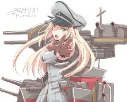 Rule 34 | 10s, 1girl, 2014, alternate eye color, bismarck (kancolle), blonde hair, blush, breasts, dated, elbow gloves, gloves, green eyes, hat, kantai collection, long hair, machinery, md5 mismatch, medium breasts, military, military uniform, no nose, open mouth, outstretched arm, peaked cap, pureji oshou, sideboob, simple background, solo, turret, twitter username, uniform, white background