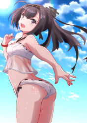 Rule 34 | 1girl, ahoge, akizuki (kancolle), bikini, black hair, black headband, blue sky, bracelet, breasts, clothes writing, cloud, commentary request, fuji (pixiv24804665), gluteal fold, grey eyes, hachimaki, headband, highres, jewelry, kantai collection, looking at viewer, official alternate costume, ponytail, sky, small breasts, solo, swimsuit, white bikini