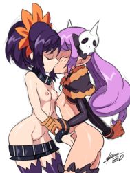 Rule 34 | 10s, 2girls, arm grab, ass, bigdead, black neckwear, breasts, brown gloves, cleft of venus, closed eyes, clothes pull, collar, crossover, detached sleeves, disgaea, fingering, gloves, hair ornament, highres, holding another&#039;s wrist, kiss, light purple hair, long hair, majorita (disgaea), makai senki disgaea 5, multiple girls, nipples, pointy ears, purple eyes, pussy, shiny clothes, shiny skin, shorts, shorts pull, skull hair ornament, small breasts, studded bracelet, symonne (tales), tales of (series), tales of zestiria, thighhighs, topless, trait connection, uncensored, white background, yuri