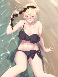 Rule 34 | 1girl, arm support, bare shoulders, beach, bikini, black bikini, blonde hair, blue eyes, blush, breasts, cleavage, feet out of frame, hair between eyes, highres, kantai collection, large breasts, long hair, mole, mole on breast, mole under eye, mole under mouth, richelieu (kancolle), shallow water, shingyou (alexander-13), side-tie bikini bottom, smile, solo, strap slip, swimsuit, water