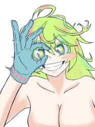 1girl ahoge armpits artist_request blue_eyes blush_stickers boku_no_hero_academia breasts clenched_teeth collarbone completely_nude facing_viewer female_focus gloves green_hair hagakure_tooru hair_between_eyes hand_up happy highres large_breasts long_hair looking_at_viewer messy_hair neck nude ok_sign ok_sign_over_eye out-of-frame_censoring parted_lips sidelocks simple_background smile standing teeth thick_eyelashes topless_frame upper_body white_background