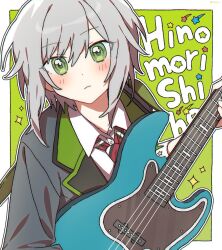 Rule 34 | 1girl, black jacket, blush, border, character name, closed mouth, cocov, collared shirt, dot nose, dutch angle, electric guitar, green background, green eyes, grey hair, guitar, highres, hinomori shiho, holding, holding instrument, instrument, jacket, light frown, long sleeves, looking at viewer, necktie, open clothes, open jacket, outside border, project sekai, red necktie, shirt, short hair, sidelocks, simple background, solo, striped necktie, white border, white shirt