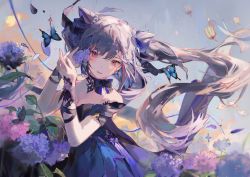 Rule 34 | 1girl, bare shoulders, blue butterfly, bow choker, breasts, bug, butterfly, cleavage, cone hair bun, diamond-shaped pupils, diamond (shape), double bun, dress, flower, genshin impact, hair bun, hair ears, hair lift, highres, insect, keqing (genshin impact), keqing (opulent splendor) (genshin impact), lantern, lantern festival, long hair, looking at viewer, medium breasts, mistedsky, multicolored clothes, multicolored dress, official alternate costume, official alternate hairstyle, outdoors, paper lantern, pearl hair ornament, pink eyes, purple hair, sky lantern, solo, strapless, strapless dress, symbol-shaped pupils, twintails, two-tone dress