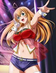 Rule 34 | 1girl, armpits, audience, bag, bandeau, belt, blonde hair, blue shorts, bottle, breasts, floating hair, green eyes, hair between eyes, holding, holding bottle, idol, ikkitousen, indoors, large breasts, long hair, micro shorts, midriff, navel, open mouth, outstretched arm, red bandeau, shiny skin, shorts, solo, sonsaku hakufu, spotlight, stage, star (symbol), stomach, straight hair, sweat, thighhighs, very long hair, w, white belt, white thighhighs, wrist cuffs