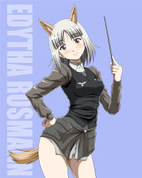Rule 34 | 10s, 1girl, animal ears, blush, brave witches, breasts, brown eyes, edytha rossmann, hiro yoshinaka, medium breasts, panties, smile, solo, underwear, white hair, white panties, world witches series