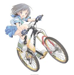 Rule 34 | 1girl, bare legs, bicycle, blue sailor collar, blue serafuku, brown hair, check commentary, commentary, commentary request, gloves, highres, mountain bicycle, neckerchief, open mouth, pleated skirt, pop (electromagneticwave), purple eyes, riding, riding bicycle, sailor collar, school uniform, serafuku, shoes, short hair, short sleeves, skirt, smile, socks, solo, tire, white background, white socks