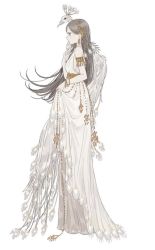 Rule 34 | 1girl, :o, ancient, ancient greek clothes, animal, animal on shoulder, armlet, bangle, bird, bird on shoulder, bity3155660241, bracelet, chain, dress, feather dress, feather hair ornament, feather skirt, feathers, formal, gold belt, gold chain, gown, greco-roman clothes, greece, greek mythology, grey eyes, grey hair, hair ornament, hand on own chest, hera, hera (mythology), holding, holding clothes, holding skirt, jewelry, light brown hair, long hair, mythology, overskirt, peacock, peacock feathers, skirt, skirt hold, solo, toga, white background, white dress