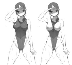 Rule 34 | 1girl, arm up, black hair, breasts, breasts out, competition swimsuit, covered navel, dripping, greyscale, hand on forehead, large breasts, monochrome, nipples, nora higuma, one-piece swimsuit, original, ponytail, solo, swimsuit, wet, wet clothes