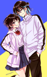 Rule 34 | 1boy, 1girl, aqua hair, blue background, blush, bow, bowtie, brother and sister, brown eyes, brown hair, brown pants, brown socks, buttons, collared shirt, commentary request, dress shirt, grin, hand in pocket, happy, jacket, long sleeves, miniskirt, multicolored hair, one eye closed, open clothes, open jacket, original, pants, pleated skirt, purple hair, purple jacket, purple skirt, red bow, red bowtie, shirt, shirt tucked in, short hair, siblings, signature, skirt, smile, socks, standing, streaked hair, sugano manami, track jacket, two-tone background, two-tone hair, white shirt, yellow background, zipper