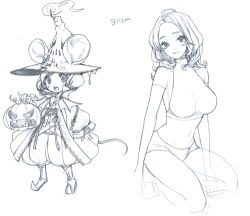 Rule 34 | 2girls, angry, animal ears, arm support, arm up, bare legs, bare shoulders, bat wings, boots, breasts, candle, detached sleeves, fire, hat, holding, jack-o&#039;-lantern, jacket, kneeling, large breasts, lime odyssey, looking at viewer, lowres, midriff, monochrome, mouse ears, mouse tail, multiple girls, open mouth, pam (lime odyssey), pants, pumpkin, scar, serenade (sinohi), short hair, shorts, simple background, sketch, smile, tail, tank top, text focus, wings, witch hat