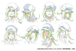 Rule 34 | 1girl, cabbie hat, clenched teeth, closed mouth, facial expressions, female focus, hat, long hair, looking at viewer, misaki shiki, multiple views, official art, open mouth, simple background, smile, subarashiki kono sekai, surprised, teeth, upper body, upper teeth only