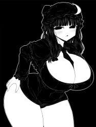 Rule 34 | 1girl, blunt bangs, blush, capelet, commentary request, curvy, dress, haseru (ginku mh), hat, high contrast, leaning forward, long hair, long sleeves, looking at viewer, mob cap, monochrome, open mouth, panties, patchouli knowledge, sidelocks, simple background, solo, touhou, underwear