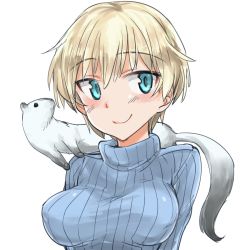 Rule 34 | 1girl, aohashi ame, arms behind back, blonde hair, blue eyes, blue sweater, breasts, closed mouth, commentary request, highres, looking at viewer, medium breasts, nikka edvardine katajainen, ribbed sweater, short hair, simple background, smile, solo, strike witches, sweater, turtleneck, turtleneck sweater, upper body, weasel, white background, world witches series