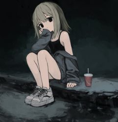 Rule 34 | 1girl, absurdres, bare legs, black camisole, black eyes, camisole, closed mouth, cup, disposable cup, drinking straw, female focus, grey hair, grey jacket, head rest, highres, jacket, medium hair, original, partially unzipped, shii595, shoes, single bare shoulder, sitting, sleeves past wrists, sneakers, solo