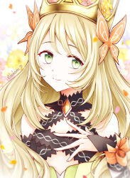 Rule 34 | 1girl, absurdres, bare shoulders, blonde hair, bow, brooch, butterfly hair ornament, celine (fire emblem), closed mouth, crown, detached sleeves, fire emblem, fire emblem engage, flat chest, floral background, flower, green eyes, hair flower, hair ornament, hand on own chest, highres, jewelry, long hair, looking at viewer, nintendo, orange bow, petals, shirokuroma 29, smile, solo, upper body, very long hair, wrist bow