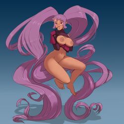 Rule 34 | 1girl, absurdly long hair, absurdres, bare legs, barefoot, blue background, blunt bangs, bottomless, breasts, cleavage, entrapta, gekasso, gradient background, highres, index finger raised, large breasts, long hair, navel, nipples, shadow, she-ra and the princesses of power, smile, solo, twintails, very long hair