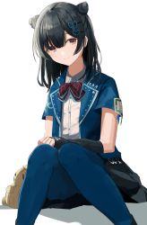 Rule 34 | 1girl, arm warmers, black footwear, black hair, black skirt, blue jacket, blue pantyhose, bow, brown bow, brown eyes, closed mouth, collared shirt, commentary request, doran (dorannomai), double bun, dress shirt, feet out of frame, hair between eyes, hair bun, hair ornament, heart, heart hair ornament, highres, idolmaster, idolmaster shiny colors, jacket, looking at viewer, morino rinze, open clothes, open jacket, pantyhose, pleated skirt, shadow, shirt, short sleeves, sitting, skirt, smile, solo, white background, white shirt