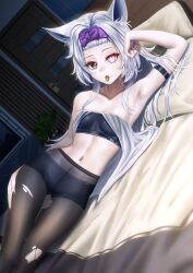 Rule 34 | 1girl, absurdres, animal ears, bare arms, black bra, black panties, black pantyhose, bra, breasts, cross-shaped pupils, fang, food in mouth, grey eyes, grey hair, hair intakes, hairband, heterochromia, highres, indoors, manjo (warito), mechanical ears, mismatched pupils, navel, no.21: feral scent (punishing: gray raven), no.21 (punishing: gray raven), open mouth, panties, pantyhose, punishing: gray raven, purple hairband, purple nails, sidelocks, small breasts, solo, sports bra, symbol-shaped pupils, torn clothes, torn pantyhose, underwear, wolf ears