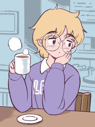 Rule 34 | androgynous, aragon honnin, bad id, bad tumblr id, blonde hair, brown eyes, collared shirt, cup, gender request, glasses, holding, holding cup, long sleeves, original, plate, purple shirt, round eyewear, shirt, short hair, sitting, solo, steam, table, upper body