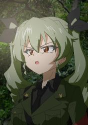 Rule 34 | 1girl, absurdres, anchovy (girls und panzer), anzio military uniform, belt, black necktie, black ribbon, black shirt, brown eyes, dress shirt, drill hair, drops mint, fang, frown, girls und panzer, girls und panzer saishuushou, glaring, green hair, grey jacket, hair ribbon, highres, jacket, long hair, long sleeves, looking to the side, military, military uniform, necktie, night, open mouth, outdoors, parody, ribbon, sam browne belt, scene reference, shirt, solo, squinting, twin drills, twintails, uniform, upper body, wing collar
