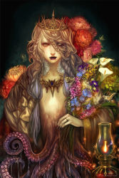 Rule 34 | 1girl, artist name, black nails, blonde hair, blue flower, body horror, bouquet, braid, bug, butterfly, choker, collarbone, crown, dripping, eyelashes, fingernails, fire, fire, flower, gem, gold choker, green butterfly, green eyes, grey hair, hair between eyes, highres, holding, holding bouquet, holding flower, horror (theme), insect, jewelry, lantern, long hair, long sleeves, looking at viewer, multicolored hair, nail polish, orange flower, original, parted lips, piercing, pink flower, purple flower, purple lips, red flower, ring, slime (substance), tentacles, veins, vusc, white flower, wide sleeves, yellow butterfly, yellow flower
