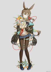 Rule 34 | 1girl, absurdres, amiya (arknights), animal ears, anklet, arknights, artist name, ascot, black jacket, blue ascot, blue collar, blue eyes, blue flower, blue footwear, blue skirt, bouquet, brown hair, brown pantyhose, buttons, clothes writing, collar, commentary, floral background, flower, full body, gradient hair, grey background, hair between eyes, hair ribbon, highres, holding, holding bouquet, infection monitor (arknights), jacket, jewelry, kingcraft kingu, knees together feet apart, leaf, long sleeves, miniskirt, multicolored clothes, multicolored hair, multicolored jacket, multiple rings, off shoulder, open clothes, open jacket, open mouth, orange flower, pantyhose, pink flower, plaid, plaid skirt, pleated skirt, pocket, ponytail, puffy long sleeves, puffy sleeves, rabbit ears, rabbit girl, red ribbon, ribbon, ring, shirt, simple background, skirt, smile, solo, standing, striped clothes, striped shirt, teeth, thighlet, two-tone jacket, upper teeth only, vertical-striped clothes, vertical-striped shirt, watermark, white flower, white shirt