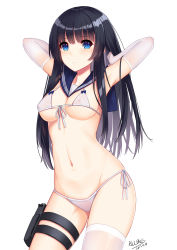 Rule 34 | 1girl, absurdres, allenes, arms up, asymmetrical legwear, bikini, black hair, blue bow, blue eyes, blue sailor collar, bow, breasts, collarbone, commentary request, covered erect nipples, cowboy shot, dated, elbow gloves, front-tie bikini top, front-tie top, gloves, gun, hair between eyes, handgun, highres, holster, long hair, looking at viewer, medium breasts, navel, original, parted lips, pistol, sailor collar, side-tie bikini bottom, signature, simple background, single thighhigh, solo, swimsuit, thigh holster, thighhighs, uneven legwear, weapon, white background, white bikini, white gloves, white thighhighs