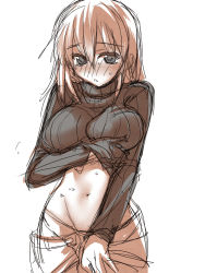 Rule 34 | 1girl, blush, breasts, clothes lift, large breasts, navel, original, ribbed sweater, shirt lift, sketch, solo, sweater, sweater lift, tokita monta