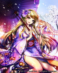 Rule 34 | 1girl, blonde hair, blue eyes, blush, breasts, company name, eu (euspia), flower, hair flower, hair ornament, holding, holding umbrella, japanese clothes, jewelry, kimono, large breasts, long hair, looking at viewer, maboroshi juuhime, necklace, parasol, parted lips, smile, solo, umbrella