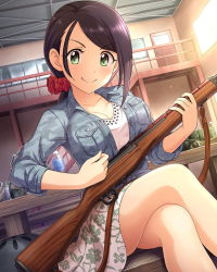 Rule 34 | 10s, 1girl, battle rifle, black hair, bolt action, breasts, buttons, camouflage, cleavage, collarbone, green eyes, gun, hair ornament, hair scrunchie, idolmaster, idolmaster cinderella girls, jacket, large breasts, crossed legs, low ponytail, m14, official art, rifle, scrunchie, shirt, skirt, smile, solo, thighs, unbuttoned, weapon, white shirt, yamato aki