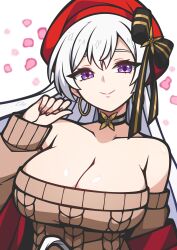 Rule 34 | 1girl, absurdres, aran sweater, azur lane, bacon strips, bare shoulders, belfast (azur lane), belfast (shopping with the head maid) (azur lane), beret, black bow, black choker, bow, breasts, brown sweater, cable knit, choker, cleavage, collarbone, commentary, hair bow, hand up, hat, highres, large breasts, long hair, long sleeves, looking at viewer, off-shoulder sweater, off shoulder, purple eyes, red hat, simple background, smile, solo, sweater, upper body, very long hair, white background, white hair