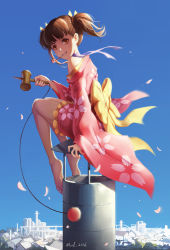 Rule 34 | 1girl, bare shoulders, barefoot, blue sky, brown hair, city, commentary request, dated, day, feet, from side, full body, grin, japanese clothes, kendama, kimono, koutetsujou no kabaneri, looking at viewer, mool yueguang, mumei (kabaneri), off shoulder, orange eyes, outdoors, parted lips, petals, plantar flexion, revision, ribbon, sitting, sky, smile, soles, solo, teeth, twintails, wind