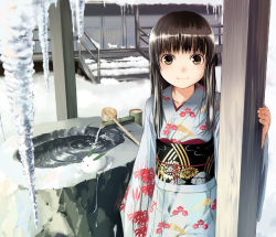 Rule 34 | 1girl, brown eyes, brown hair, cat, ice, icicle, japanese clothes, kimono, looking at viewer, obi, original, sash, smile, snow, snow rabbit, sody, solo