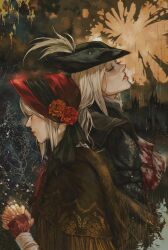 Rule 34 | 2girls, ascot, back-to-back, black headwear, blood, blood on clothes, bloodborne, bonnet, brown cloak, cloak, closed eyes, closed mouth, commentary, doll joints, english commentary, from behind, hat, hat feather, highres, interlocked fingers, joints, lady maria of the astral clocktower, lips, long hair, multiple girls, own hands together, pale skin, parted lips, pink lips, plain doll, profile, short hair, white ascot, white hair, yujia0412