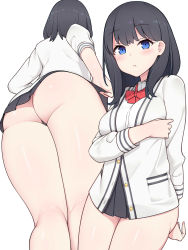Rule 34 | 10s, 1girl, absurdres, arapi, arm behind back, ass, black hair, black panties, black skirt, blue eyes, blush, bow, bowtie, breasts, commentary request, cowboy shot, from behind, grey jacket, grey shirt, gridman universe, hair between eyes, highres, hip focus, huge ass, jacket, long hair, long sleeves, looking at viewer, medium breasts, microskirt, miniskirt, multiple views, panties, pleated skirt, red bow, red neckwear, shiny skin, shirt, simple background, skirt, ssss.gridman, standing, takarada rikka, thick thighs, thighs, underwear, white background, wide hips, wing collar