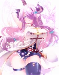 Rule 34 | 10s, 1girl, bad id, bare shoulders, belt, black gloves, black thighhighs, blue eyes, breasts, demon horns, draph, elbow gloves, female focus, gloves, granblue fantasy, hair ornament, hair over one eye, hira taira, horns, impossible clothes, large breasts, light purple hair, light smile, long hair, looking at viewer, narmaya (granblue fantasy), over shoulder, pointy ears, sideboob, single thighhigh, skindentation, solo, sword, sword over shoulder, thighhighs, weapon, weapon over shoulder