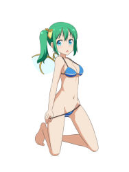 Rule 34 | 1girl, bare arms, bare legs, bare shoulders, barefoot, bikini, bikini pull, blue bikini, blue eyes, blush, bow, breasts, cato (monocatienus), clothes pull, commentary request, d:, daiyousei, fairy wings, green hair, groin, hair bow, kneeling, long hair, looking at viewer, medium breasts, navel, open mouth, pulled by self, side ponytail, sidelocks, simple background, solo, stomach, swimsuit, thighs, touhou, white background, wings, yellow bow