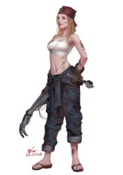 Rule 34 | 1girl, bandana, blonde hair, breasts, brown gloves, cleavage, clothes around waist, dirty, full body, fullmetal alchemist, gloves, holding, image sample, in-hyuk lee, long hair, medium breasts, midriff, navel, pants, pants rolled up, realistic, sandals, shirt, shirt around waist, solo, standing, strapless, tube top, winry rockbell, wrench