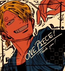 Rule 34 | !, 1boy, alternate hairstyle, black eyes, blonde hair, commentary request, curly eyebrows, english text, facial hair, hair over one eye, highres, inset border, larugo0513, male focus, one eye covered, one piece, sanji (one piece), short hair, smile, solo, teeth, yellow background