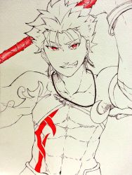 Rule 34 | 1boy, abs, arm up, bad id, bad pixiv id, bracelet, chest tattoo, crescent, crescent pin, cu chulainn (fate), cu chulainn (fate/stay night), cu chulainn (second ascension) (fate), earrings, facing viewer, fate/stay night, fate (series), gae bolg (fate), grin, holding, holding weapon, jewelry, kokesakeko, lancer (fate series), looking at viewer, male focus, necklace, official alternate costume, polearm, red eyes, simple background, smile, solo, spear, spot color, tattoo, topless male, traditional media, upper body, weapon