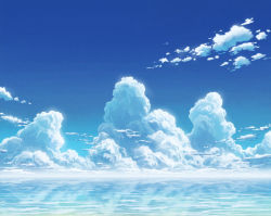 Rule 34 | aoha (twintail), blue sky, blue theme, cloud, commentary request, day, horizon, no humans, ocean, original, outdoors, reflection, scenery, sky, water surface, water world