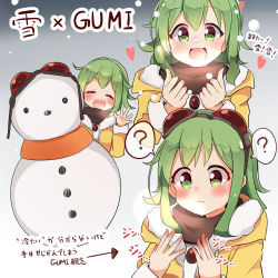 Rule 34 | ?, black scarf, blush, coat, commentary, closed eyes, facing viewer, fur-trimmed coat, fur trim, goggles, goggles on head, green eyes, green hair, gumi, heart, highres, looking at hand, multiple views, pachio (patioglass), red goggles, scarf, short hair with long locks, snowing, snowman, speech bubble, spoken question mark, translated, vocaloid, waving, yellow coat
