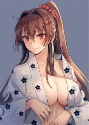 Rule 34 | 1girl, blue background, blush, breasts, breasts day, brown eyes, brown hair, cleavage, closed mouth, flower, good breasts day, hair between eyes, hair flower, hair ornament, highres, japanese clothes, kantai collection, kasumi (skchkko), kimono, large breasts, long hair, long sleeves, no bra, pink flower, ponytail, simple background, solo, upper body, white background, wide sleeves, yamato (kancolle), yukata