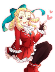 Rule 34 | 1girl, ascot, bad id, bad pixiv id, blazer, blonde hair, blue ribbon, bow, brown pantyhose, capcom, drill hair, fingerless gloves, gloves, hair bow, hair slicked back, heart, jacket, kanzuki karin, looking at viewer, pantyhose, red footwear, red jacket, red skirt, ribbon, ringlets, setoda (llgo), shoes, skirt, smile, solo, street fighter, street fighter v, yellow eyes
